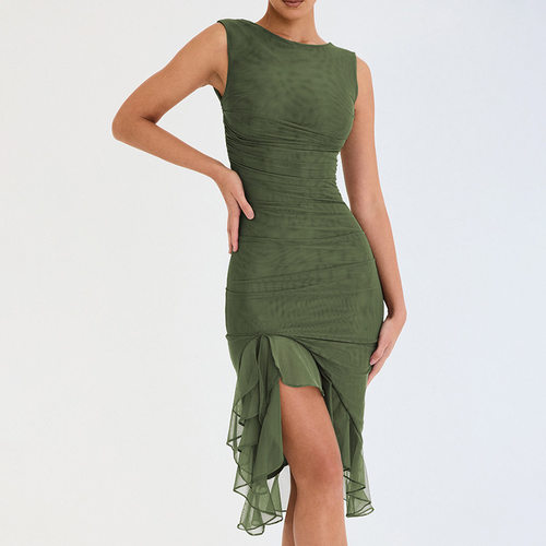Solid color tight mesh patchwork dress纯色紧身网纱拼接连衣裙