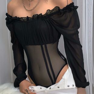 bodysuit一字肩透视网纱拼接木耳边连体紧身衣 panel Sheer mesh
