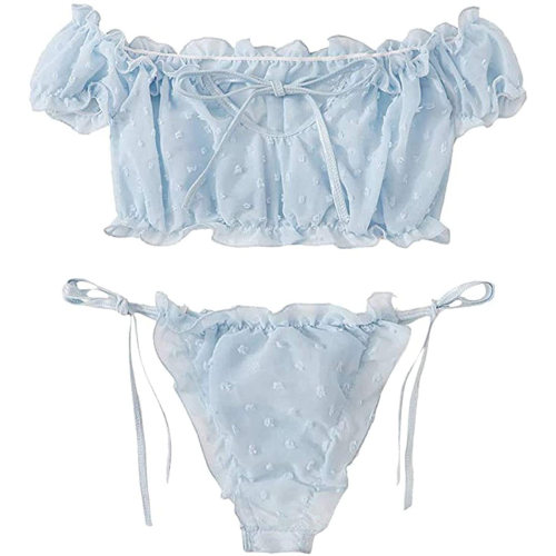 Solid lace lace-up one-shoulder bikini纯色蕾丝系带一字肩泳衣