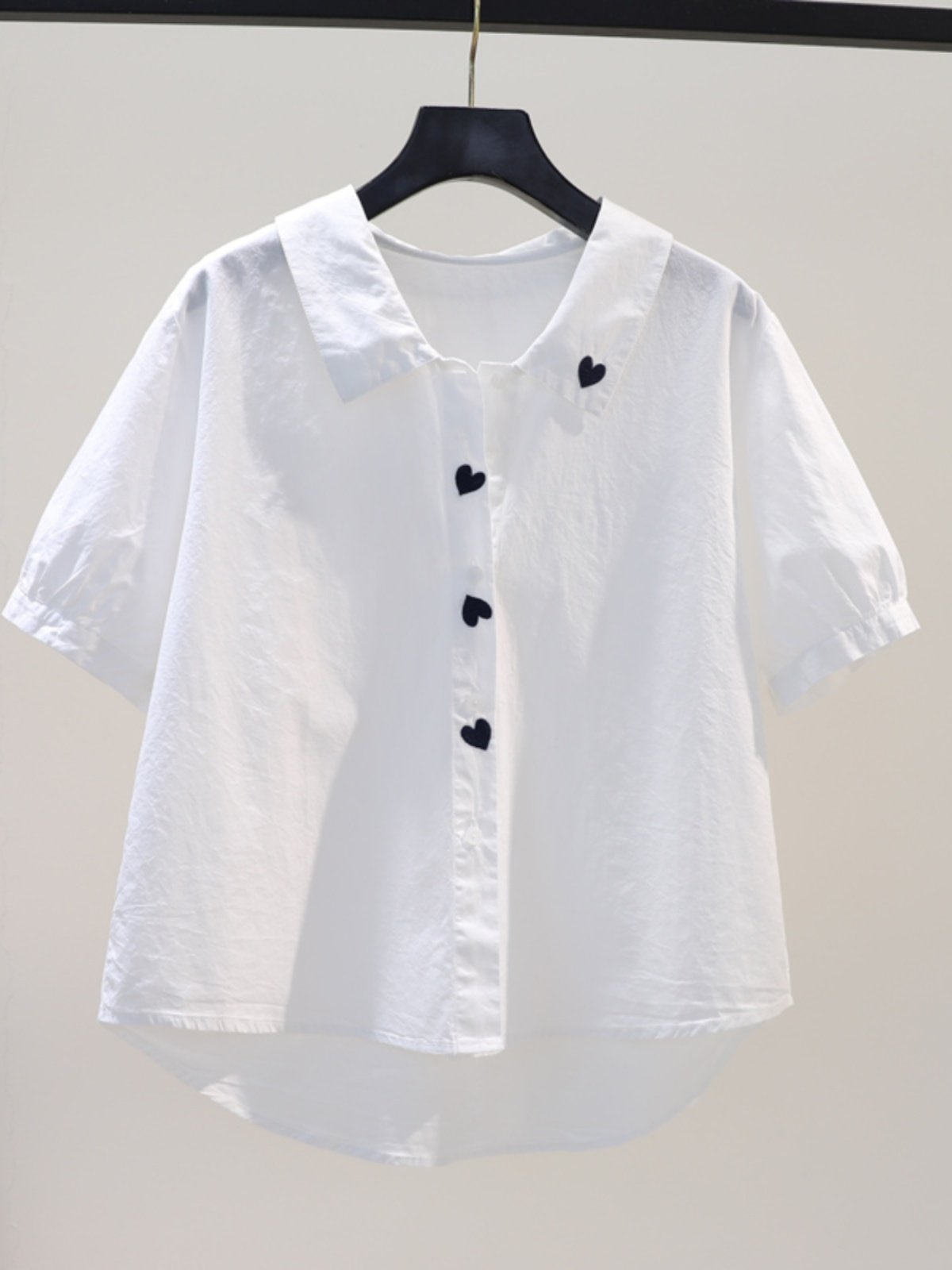 CLEARANCE LEAKAGE COUNTER WITHDRAWAL FOREIGN TRADE SUMMER LAPEL LOVE EMBROIDERY WHITE COTTON SHORT-SLEEVED SHIRT TOP WOMEN