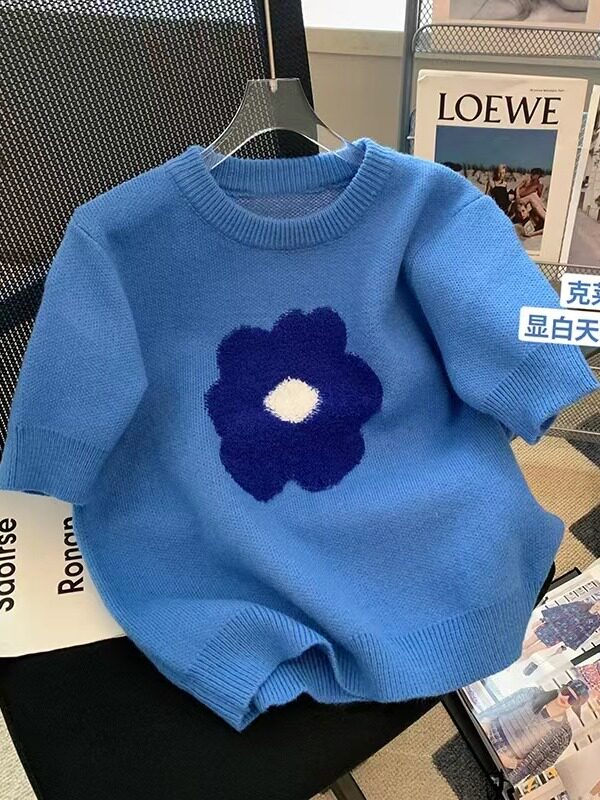 CLEARANCE LEAKAGE BLUE FLOWER PUFF SLEEVE SWEATER WOMENS NEW SUMMER SHORT-SLEEVED KNITWEAR AGE REDUCTION TOP