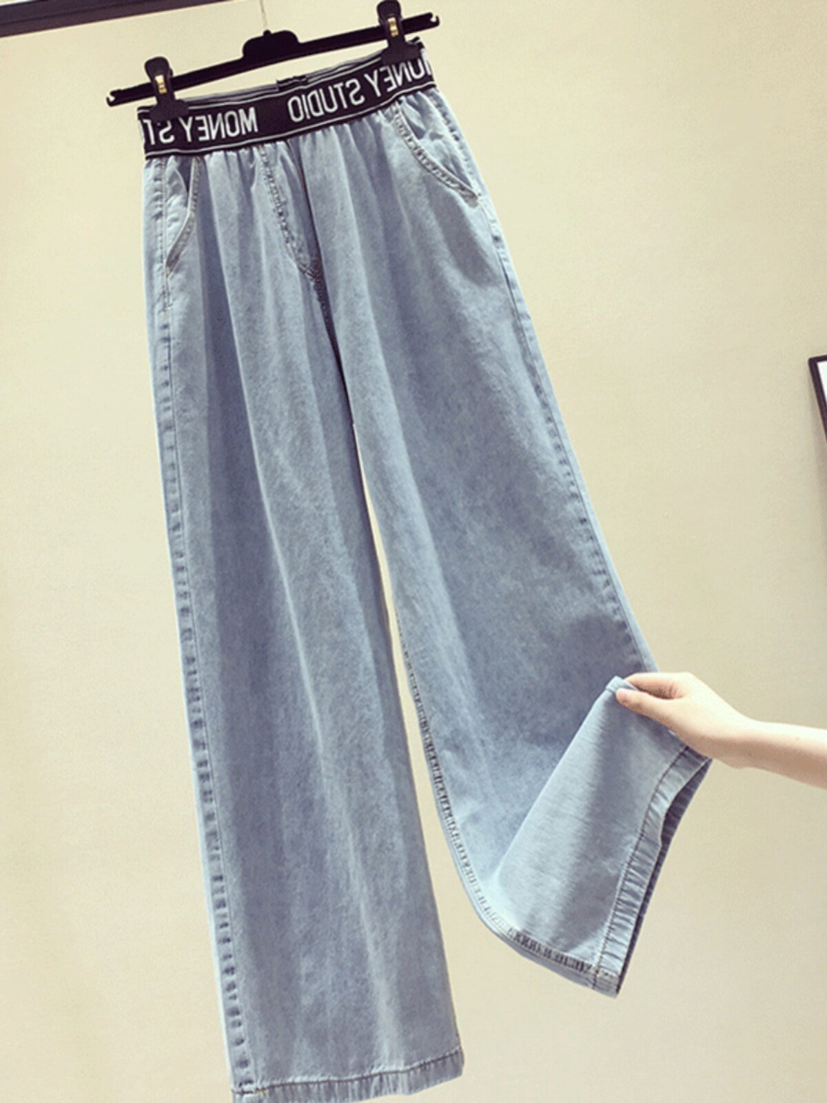 CLEARANCE AND LEAKAGE FOREIGN TRADE SPRING AND AUTUMN HIGH-WAISTED LETTER EMBROIDERY DENIM WIDE-LEG PANTS WOMENS LOOSE AND THIN STRAIGHT-LEG PANTS