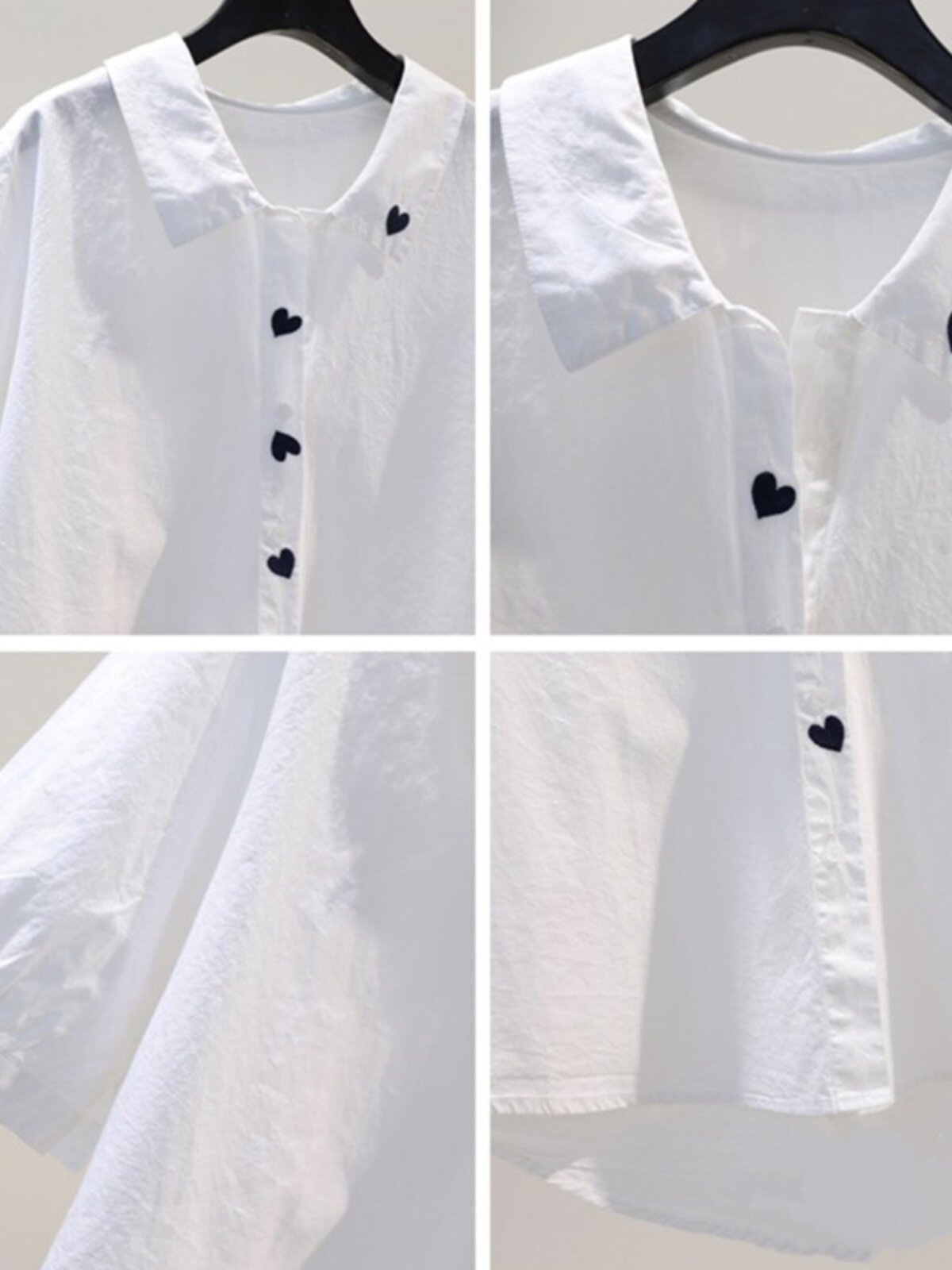 CLEARANCE LEAKAGE COUNTER WITHDRAWAL FOREIGN TRADE SUMMER LAPEL LOVE EMBROIDERY WHITE COTTON SHORT-SLEEVED SHIRT TOP WOMEN