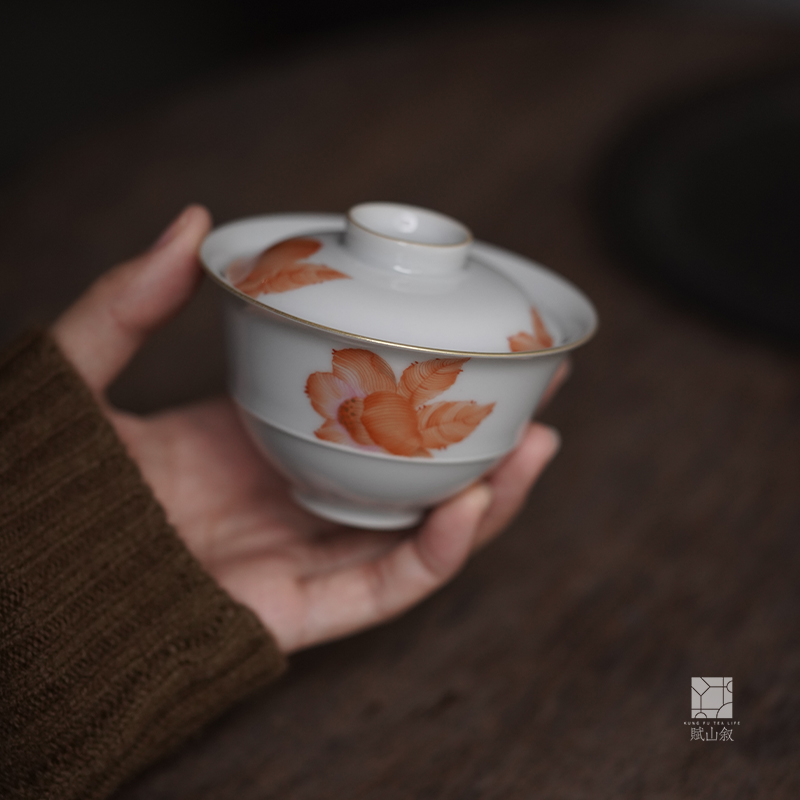 小白茶具//赋山堂矾红花时手绘粉彩盖碗景德镇手工陶瓷功夫泡茶碗