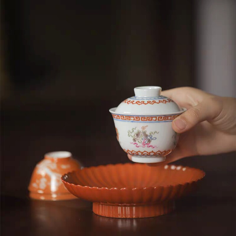 小白茶具//忘言造物粉彩八宝盖碗景德镇手工手绘茶器两才泡茶碗