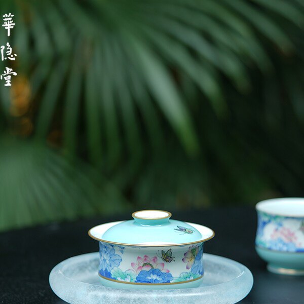 小白茶具//华隐堂盖碗天水碧碧玉青荷茶碗景德镇手绘陶瓷泡茶碗