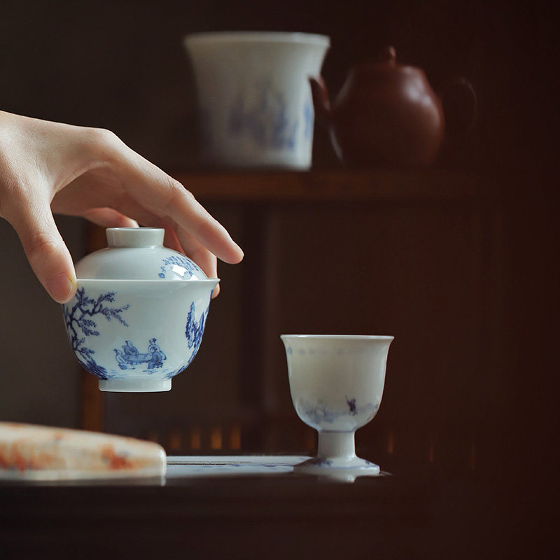 小白茶具//忘言造物青花将饮茶茶碗景德镇手工手绘茶器青花盖碗