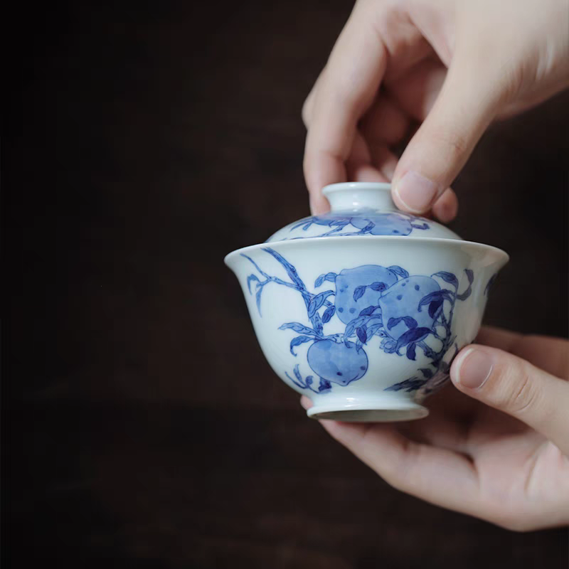 小白茶具//忘言造物青花福寿八桃茶碗品杯景德镇手工手绘陶瓷盖碗