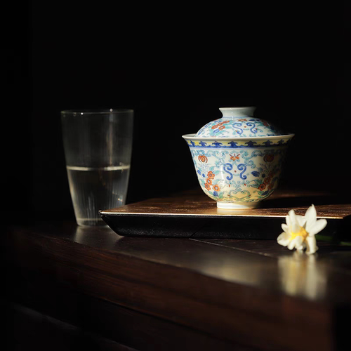 小白茶具//忘言造物斗彩并蒂花卉贯蕉纹茶碗景德镇手工手绘盖碗