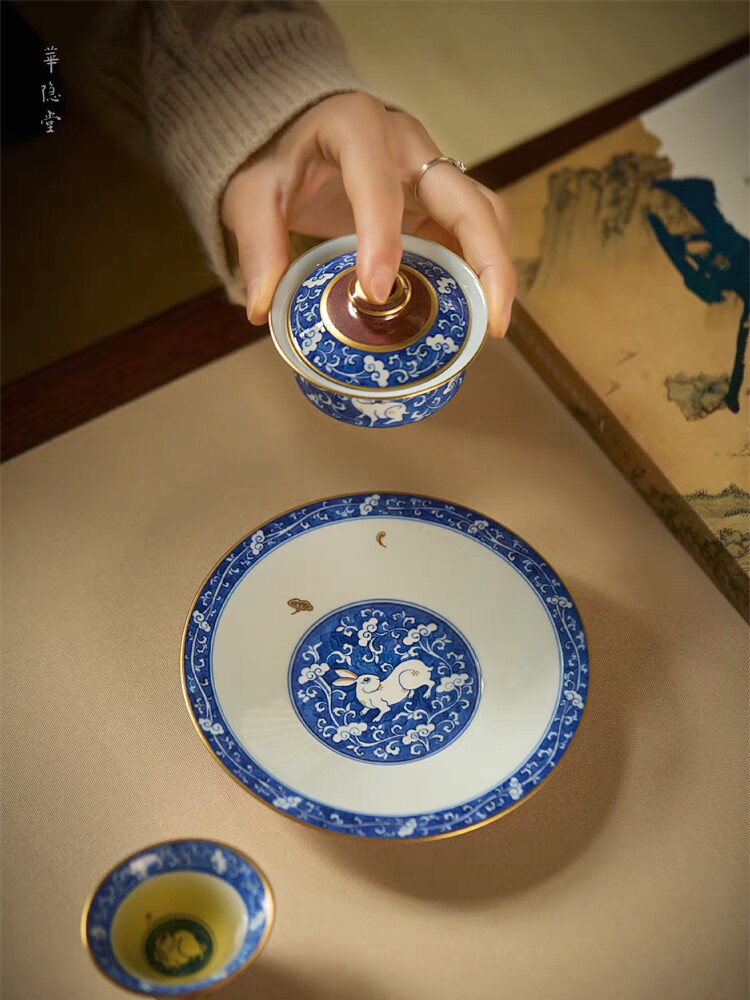 小白茶具//华隐堂盖碗〈灵芝兔茶碗〉青花手绘泡茶器小容量女士用