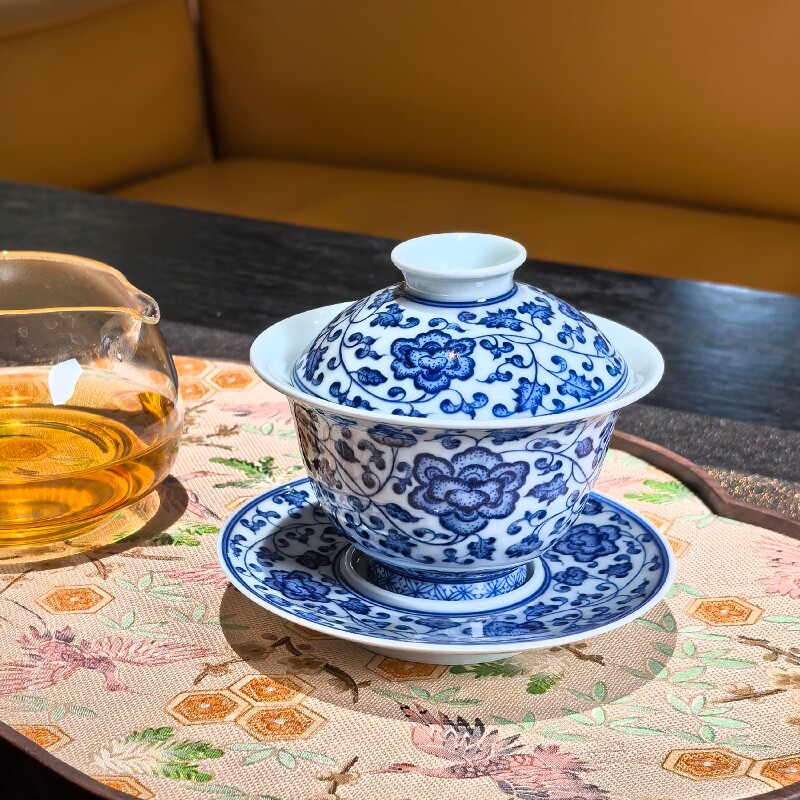 小白茶具//青花缠枝莲盖碗景德镇纯手工手绘三才茶碗经典款泡茶器