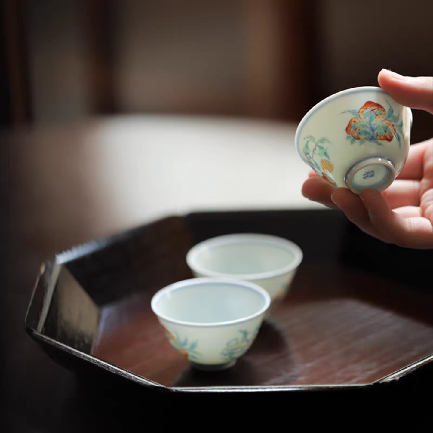 小白茶具//忘言造物愚彻小品杯盖碗拟雍正斗彩三多纹茶杯mini茶碗
