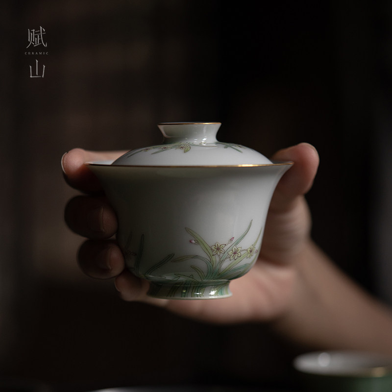 凌波仙子盖碗清雅手绘古彩描金