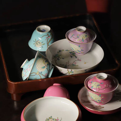 小白茶具//忘言造物绿地桃花绣球品杯·粉彩桃花绣球小茶碗