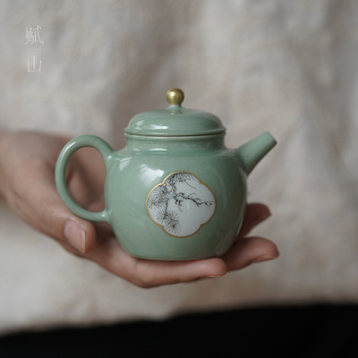 石青松枝小文壶仿古青色手绘墨彩