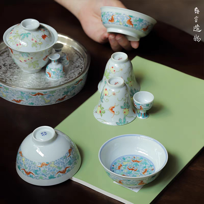 小白茶具//忘言造物斗彩福寿万代鸡心杯mini小酒杯包铜口雕刻壶承