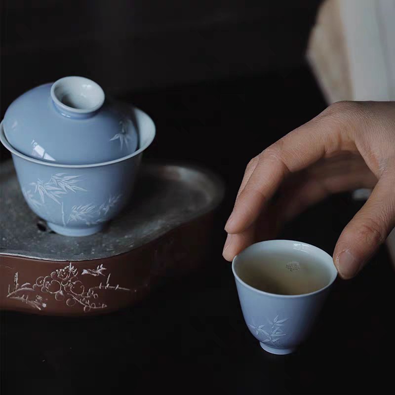 小白茶具//忘言造物盖碗清如许茶碗品杯手工陶瓷茶器堆白竹子图样