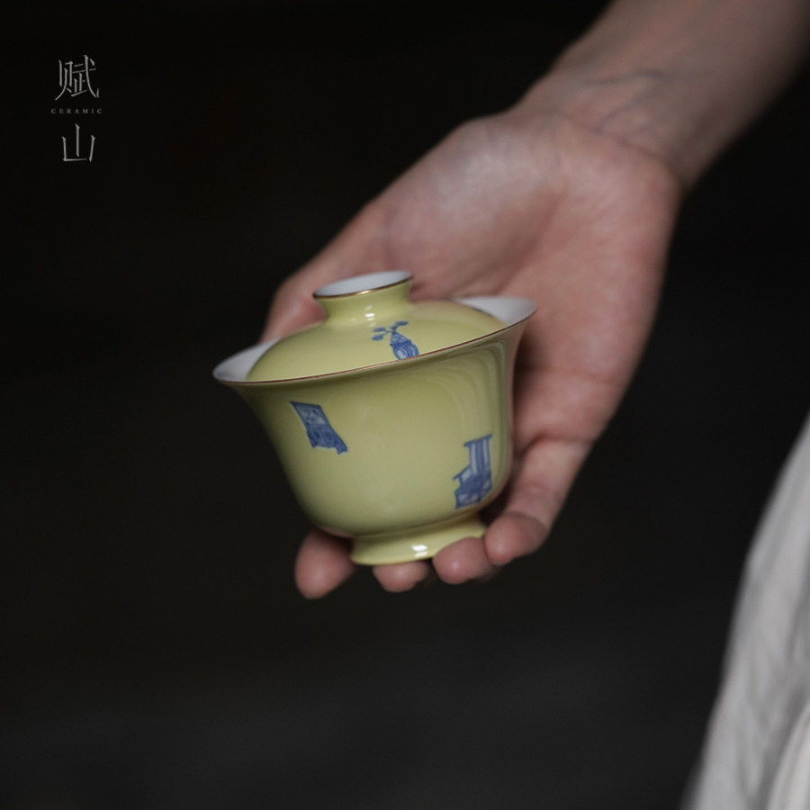 黄文房集物盖碗景德镇手绘
