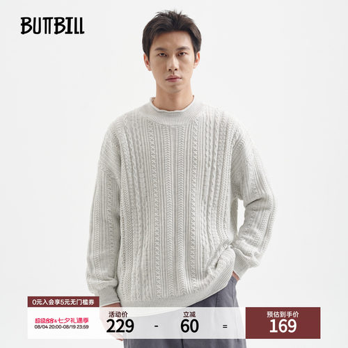 BUTTBILL绞花编织圆领长袖毛衣