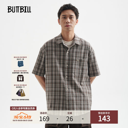 BUTTBILL不规则贴袋格纹短袖衬衫