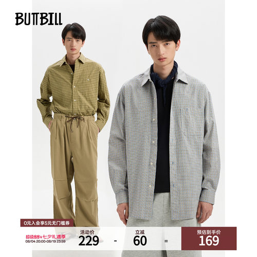 BUTTBILL宽松日系格纹长袖衬衣