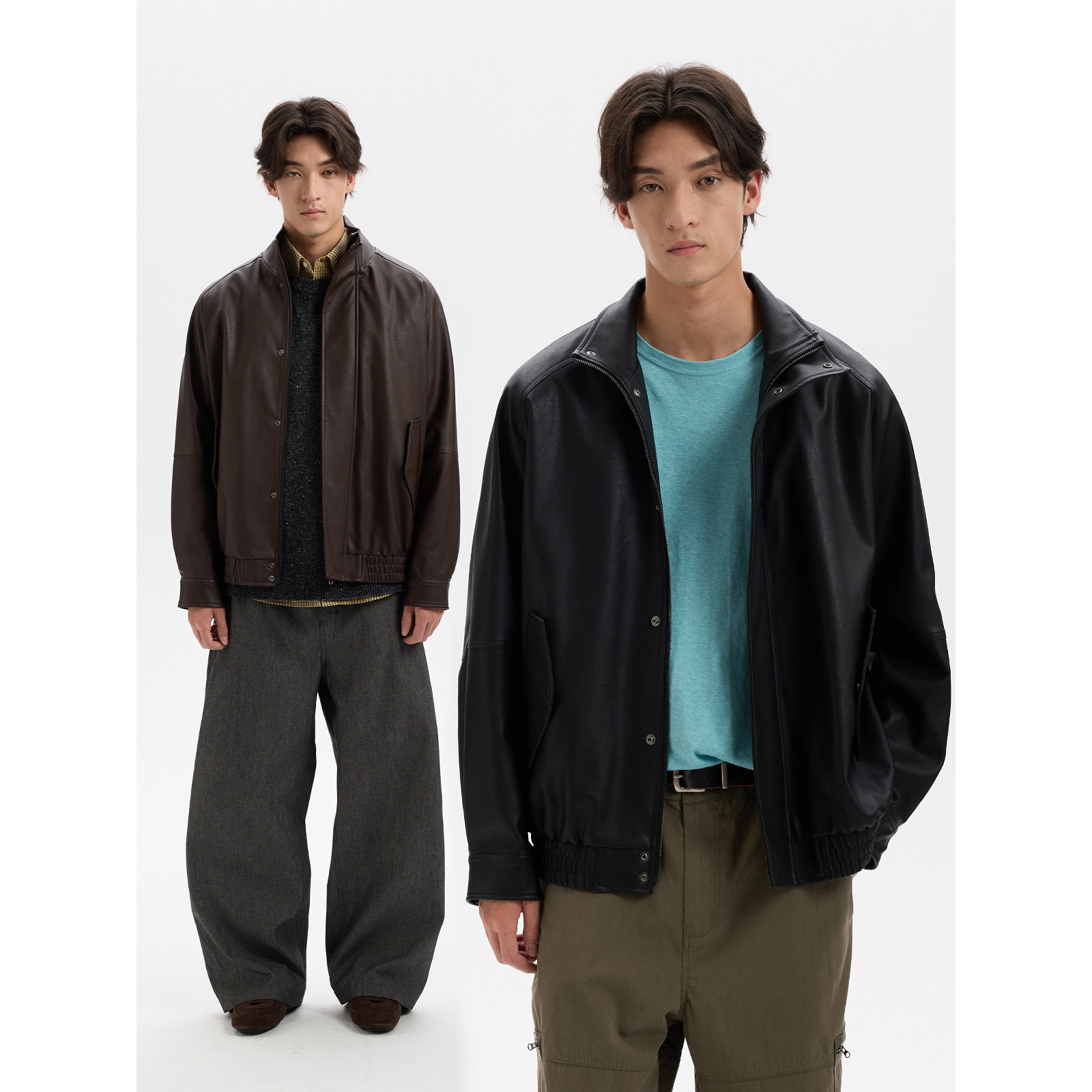 BUTTBILL 复古机车风肌理感PU皮衣服立领双拉链宽松防风夹克外套