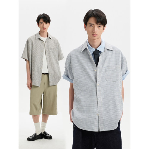 BUTTBILL格纹泡泡纱混纺短袖衬衫