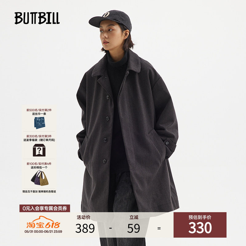 BUTTBILL 日系复古中长款毛呢大衣男女冬季风衣加厚棉服呢子外套