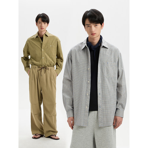 BUTTBILL宽松日系格纹长袖衬衣