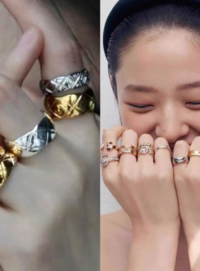 Jennie同款戒指coco经典菱格纹菱形食指尾戒叠戴小香风高级满钻女