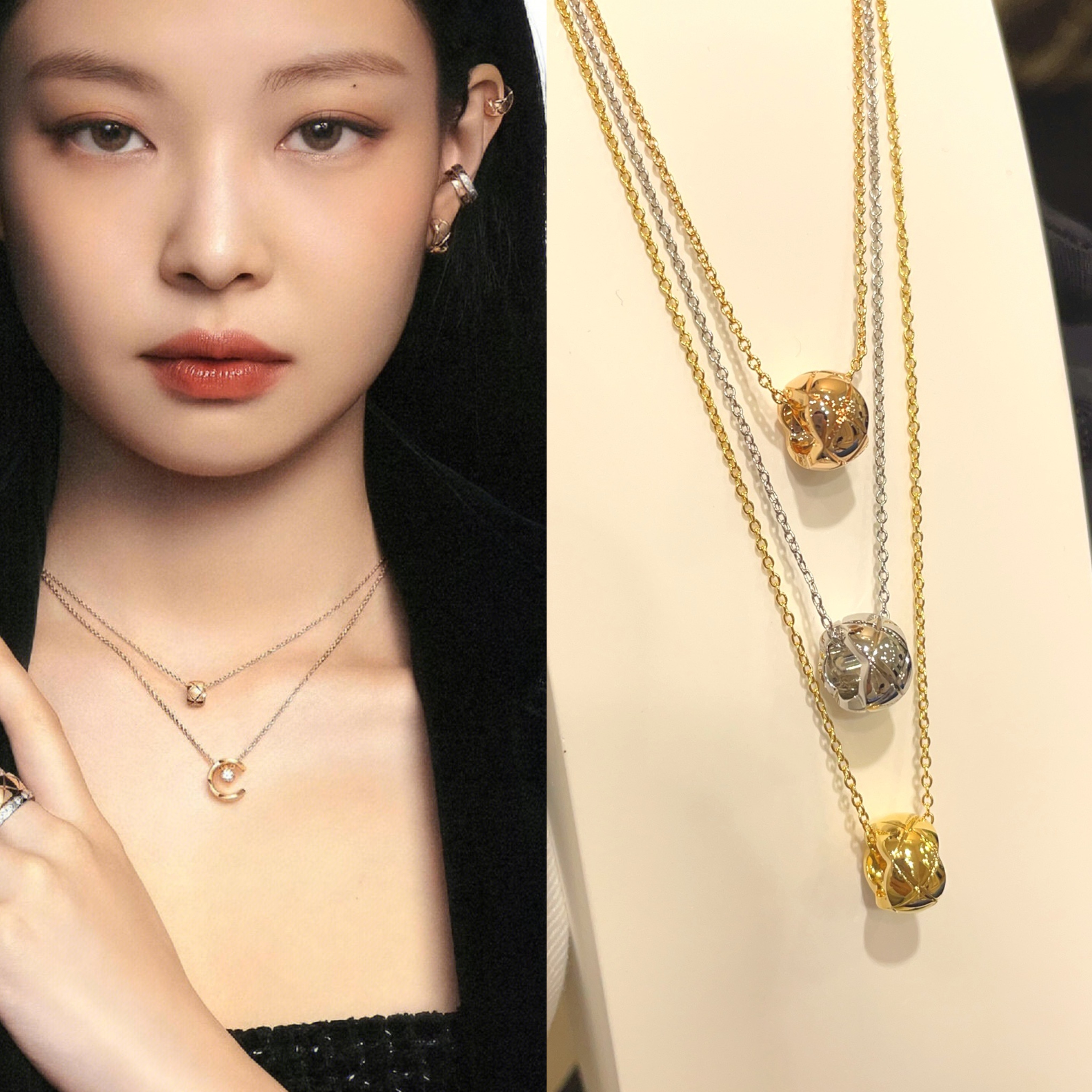 水冰月小金豆jennie同款项链小香风v金18k玫瑰金coco菱格纹锁骨链