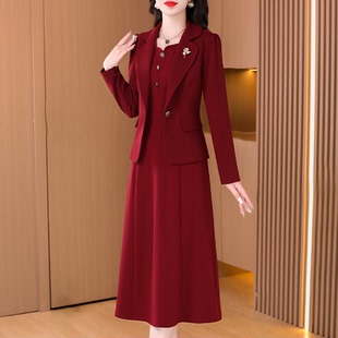 喜婆婆婚宴装 春秋结婚礼服妈妈高贵套裙 平时可穿红色连衣裙女新款