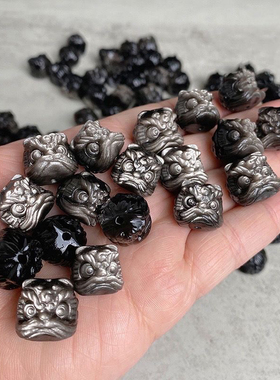 天然银曜石黑曜石醒狮上下通孔立体狮头复古风银耀石雕刻隔珠配饰