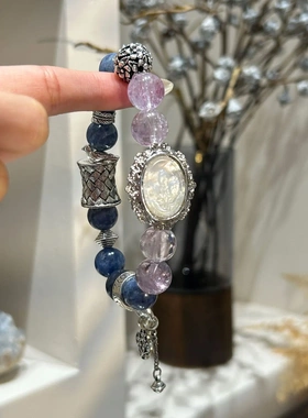 巧恩天然紫水晶手链女生魔盒大颗粒蓝晶石小众原创水晶白贝串珠链