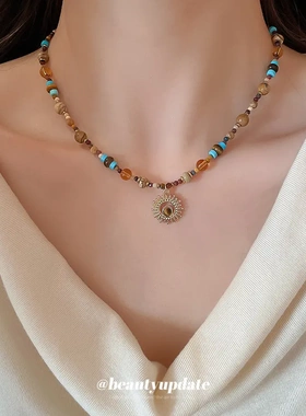 钛钢天然石米珠太阳花串珠项链新中式复古锁骨链轻奢高级感项饰女