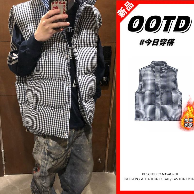 秋冬款美式学院风复古叠穿格子马甲韩系小众学生加厚背心男女棉服