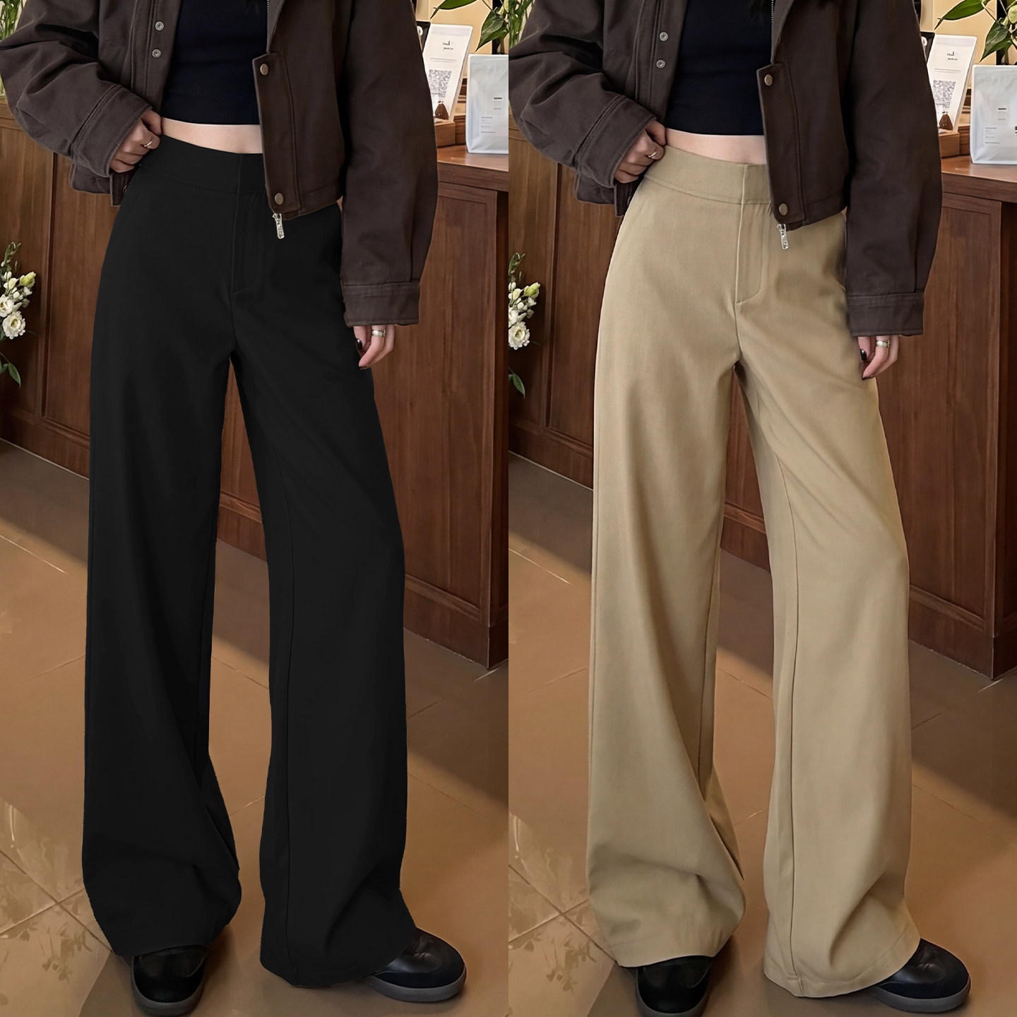 黑色西装裤女春秋季垂坠感老钱风裤子韩系慵懒休闲窄版直筒阔腿
