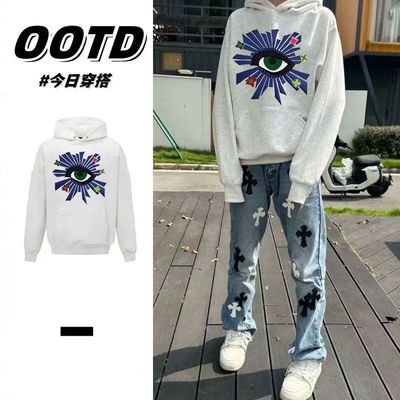 花灰色美式复古男女印花连帽卫衣秋冬季加绒加厚痞帅宽松情侣帽衫