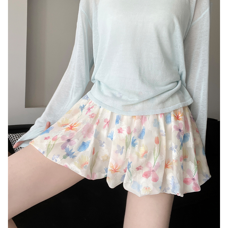 彩色花苞短裙女夏季2025新款高腰显瘦a字冰丝碎花半身裙宽松裙裤