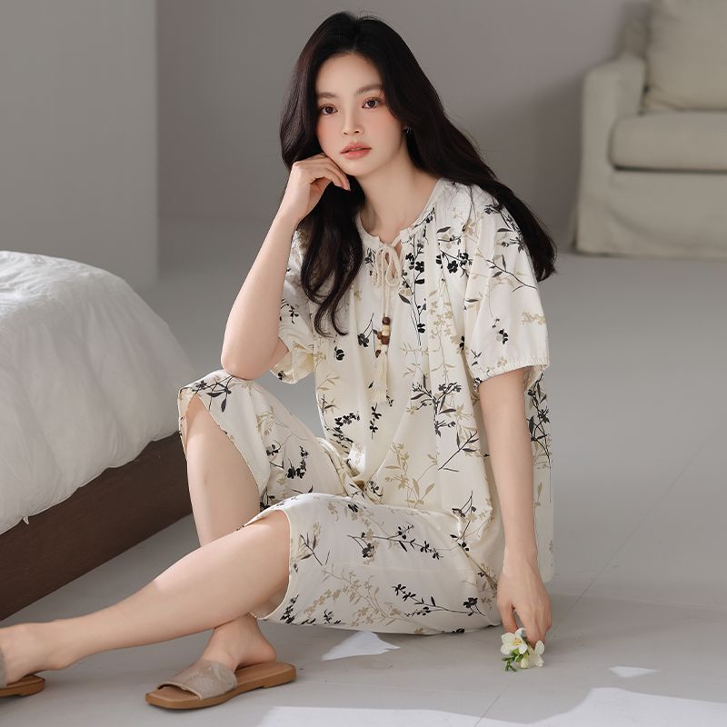 2025新款睡衣女士夏天纯棉套头短袖大码七分裤植物花卉休闲家居服