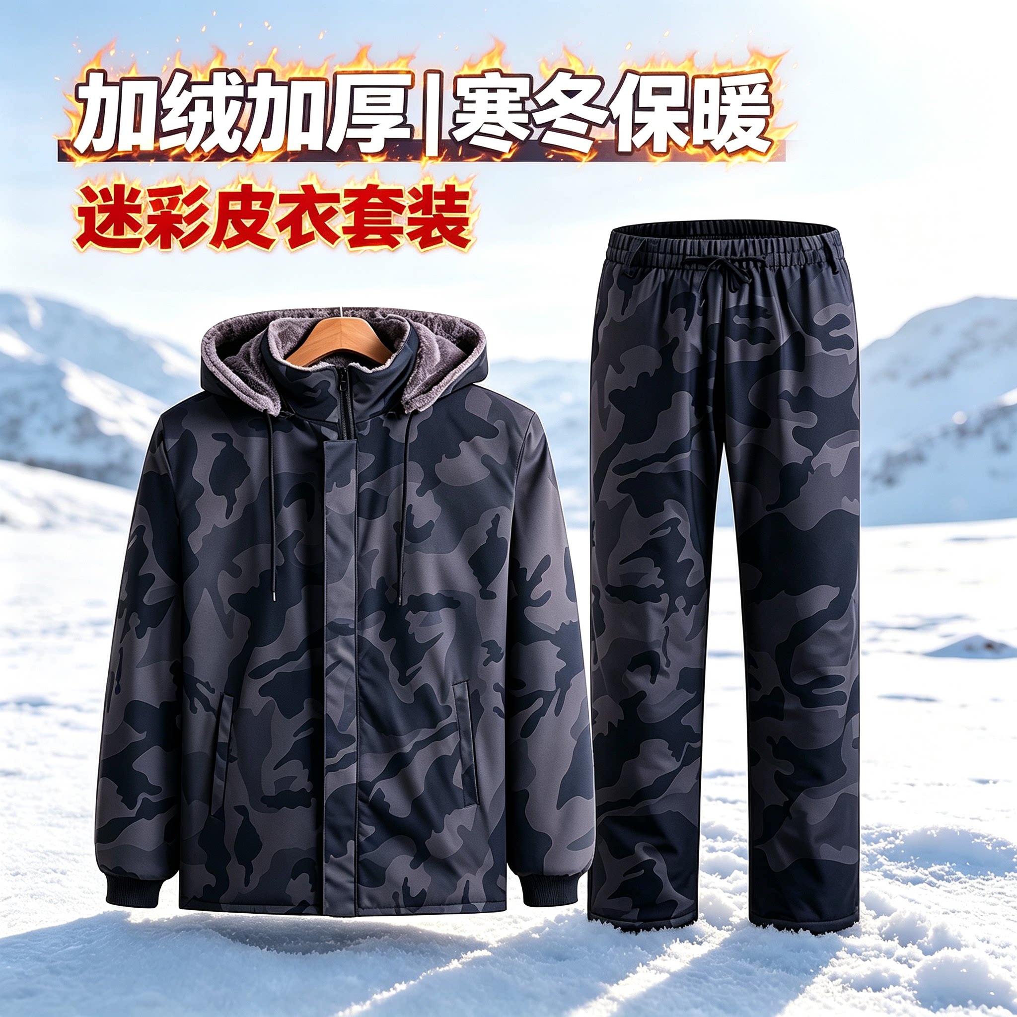 迷彩加绒皮衣男冬季加厚防风防水保暖摩托车骑行外卖代驾皮裤套装