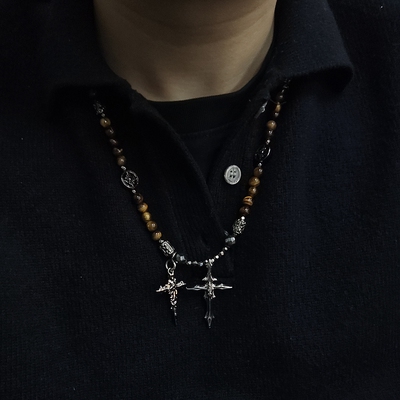 DomyLand虎眼石手工中古十字架项链男女同款小众cleanfit穿搭配饰