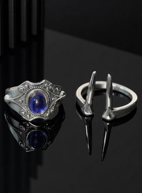 复古蓝宝石盾牌雕花高端指环