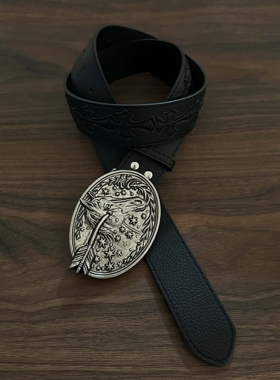 Domy复古马头金属扣黑色皮带