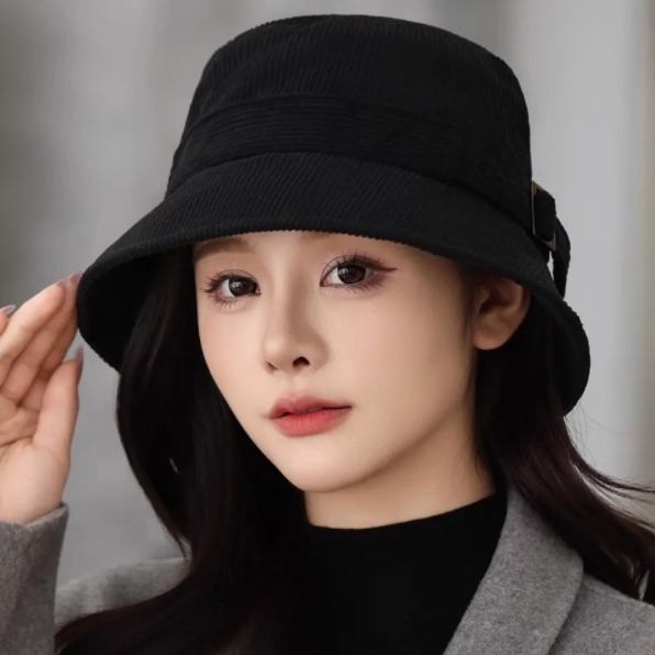 赫本风渔夫帽子女素颜百搭显脸小盆帽春秋季防风保暖灯芯绒水桶帽