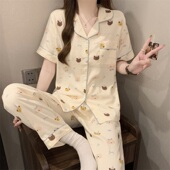甜美可爱卡通夏天家居服两件套装 睡衣女夏季 薄款 长裤 梭织棉纱短袖