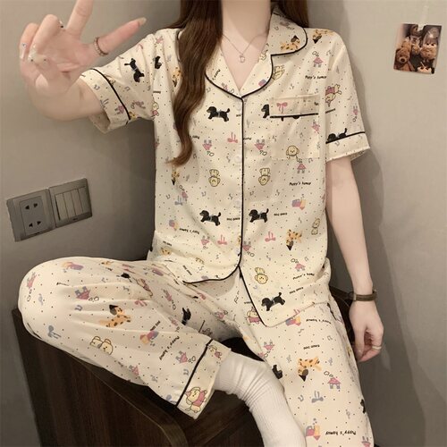 夏季女士睡衣开衫薄款短袖长裤两件套装女生可爱狗云朵棉柔家居服
