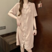 开衫 衬衫 短袖 睡裙女夏季 翻领云朵棉简约豆粉色睡衣家居服中长裙 款
