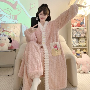 加厚珊瑚绒睡袍女生秋冬季过膝中长款家居服睡裙长裤两件套装粉色