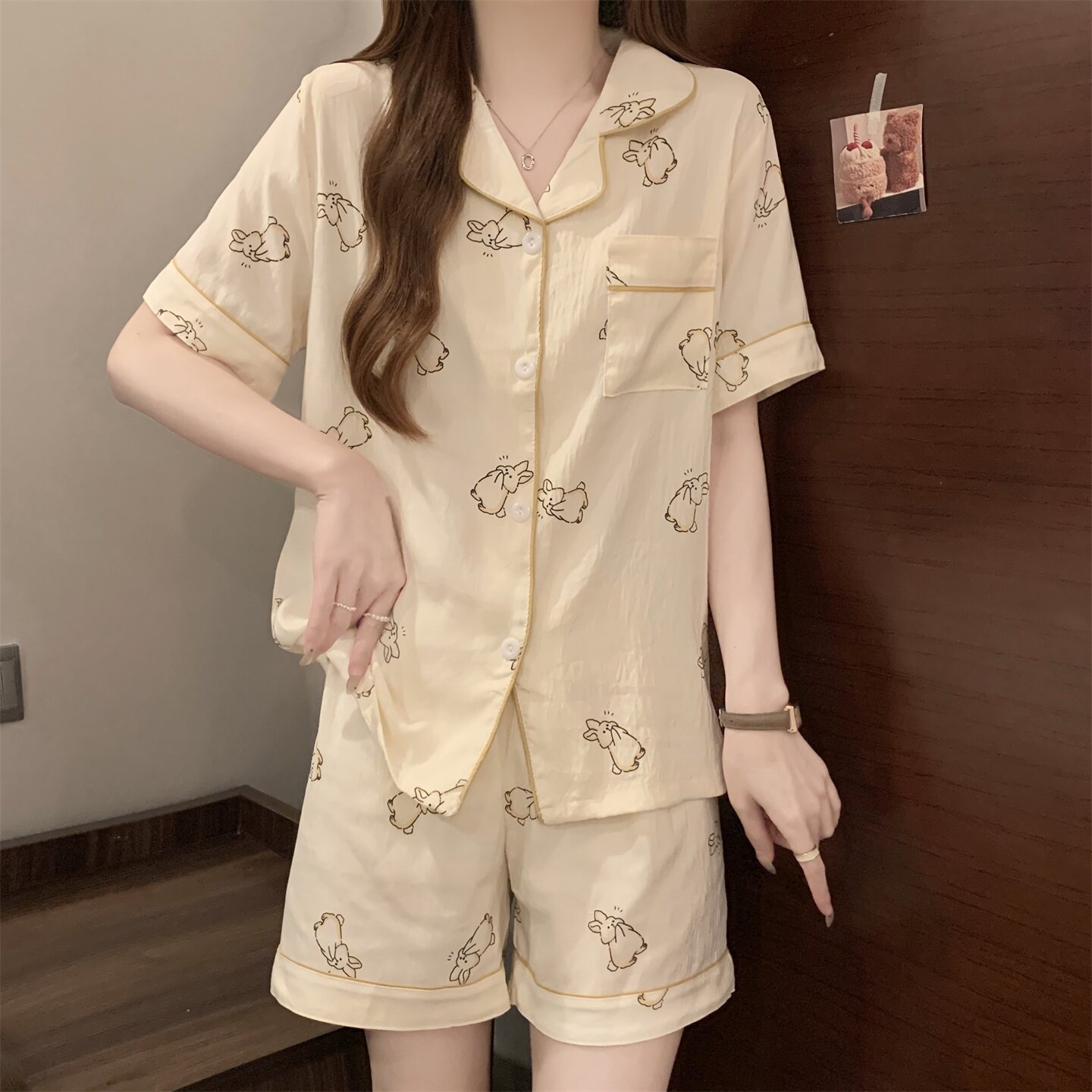 夏天短袖开衫翻领睡衣女士可爱兔子甜美轻薄云朵棉宽松家居服套装